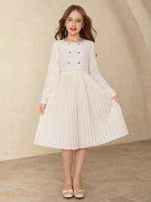 女童优雅简约时尚圆领常规肩长袖高腰中长纯色褶皱连衣裙，适合返校季、四季穿着，柔软褶皱设计，也适合圣诞节、万圣节和秋冬季节。 - 杏色 - 查看 7