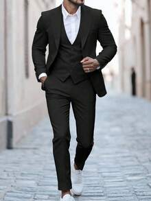 Calvornis 男士商务休闲长翻领设计西装外套和裤子套装男士黑色西装套装男士西装三件套黑色西装新郎男士黑色正装男士燕尾服