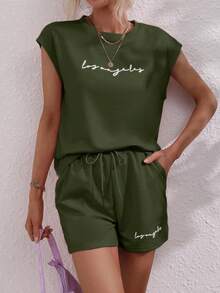 SHEIN LUNE 女士休闲字母印花 T 恤和短裤两件套，夏季 - 軍綠色 - 查看 6