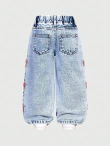 SHEIN 女童百搭时尚破洞直筒蓝色牛仔裤 - 藍色 - 查看 3