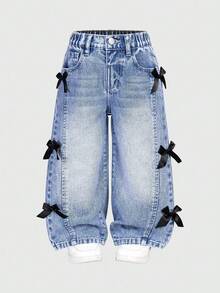 Elladie kids 女童（小号）破洞复古时尚个性前片开叉漂白牛仔阔腿牛仔裤，带 3D 蝴蝶结，百搭四季蓝色休闲裤 - 藍色 - 查看 9