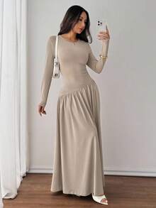 SHEIN PETITE Váy dài tay viền bèo nhún thanh lịch cho mùa xuân và mùa thu - Cà phê - Xem 4