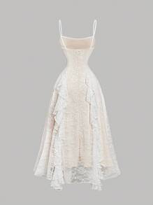 SHEIN MOD 女士优雅蕾丝荷叶边蝴蝶结装饰吊带裙，度假装扮，夏日连衣裙，派对礼服，新年礼服，性感连衣裙，女士晚礼服，度假装扮，乡村装扮，情人节，邮轮装扮 - 白色 - 查看 2