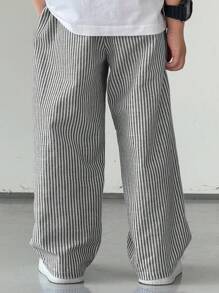 TaviRue Young Boys' Casual Street Style Striped Woven Pants With Pockets, Straight Leg, Lightweight & Comfortable, Versatile For Outings, Vacation, Photography, School, Sports, Gatherings, Suitable For Spring & Summer Comfy Pants Striped Pants Bear Pants Wide Leg Pants Baggy Pants - Black - View 3