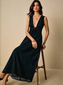 Poéselle 女式圆点印花深V领无袖连衣裙 - 黑色 - 查看 6