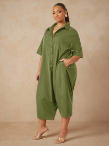 Vixey Bộ đồ liền thân cài nút tay lửng - Màu xanh Ô liu - Xem 3