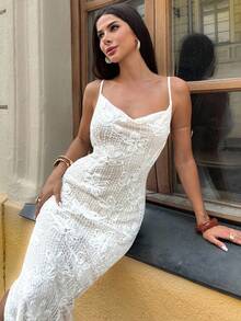 Firerie Women's Casual Elegant Jacquard Slit Slip Dress - Apricot - View 8