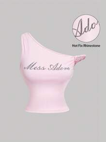 SHEIN MOD 粉色不对称水钻女式上衣 - 闪亮可爱，适合审美、学院风、约会、派对、节日、茶会、生日、办公室穿着和通勤，具有老钱风格，Y2k - 粉色 - 查看 3