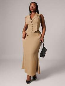 SHEIN SXY 大码女装秋冬性感优雅卡其色无袖背心套装搭配鱼尾裙，适合性感迷人的职场女性、舞会、情人节、邮轮旅行、通勤、商务场合、复古风、派对、度假、外出、老钱风、层次感丰富的穿搭、约会之夜、聚会、极简主义、生日、正式活动、辣妹风、伊比沙岛风、纳什维尔风、休闲风、端庄风、时尚风、休闲风、购物、街头风、外出等各种场合，凸显身材，修饰身形。 - 卡其色 - 查看 3