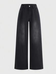 ROMWE Avant Quần jean ống đứng dáng rộng đính đá Rhinestone dành cho nữ - màu đen - Xem 2