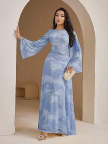 Veilorie Đầm dài tay cổ tròn in họa tiết tie-dye thanh lịch dành cho nữ - Màu xanh lam - Xem 8