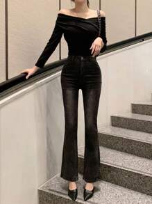 DAZY Elegant Off Shoulder Design Fitted Women T-Shirt Long Sleeve Top - Black - View 9