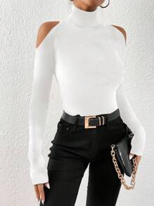 Siren Gaze 白色镂空长袖修身女式T恤，适合秋冬季节 - 白色 - 查看 2