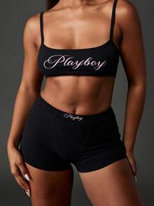 Missguided x Playboy Black Square Neck Bralette Lounge Crop Top Soft Ribbed No Wire Cotton Blend Slim Fit Scoop Back Streetwear Comfort Basic Everyday Summer Minimalist - Black - View 6