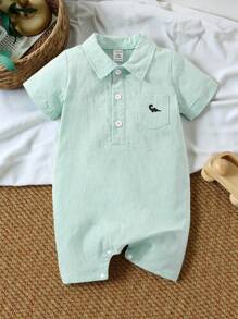 SHEIN Vintaside Kids Baby Boy Dinosaur Embroidery Button Half Placket Romper