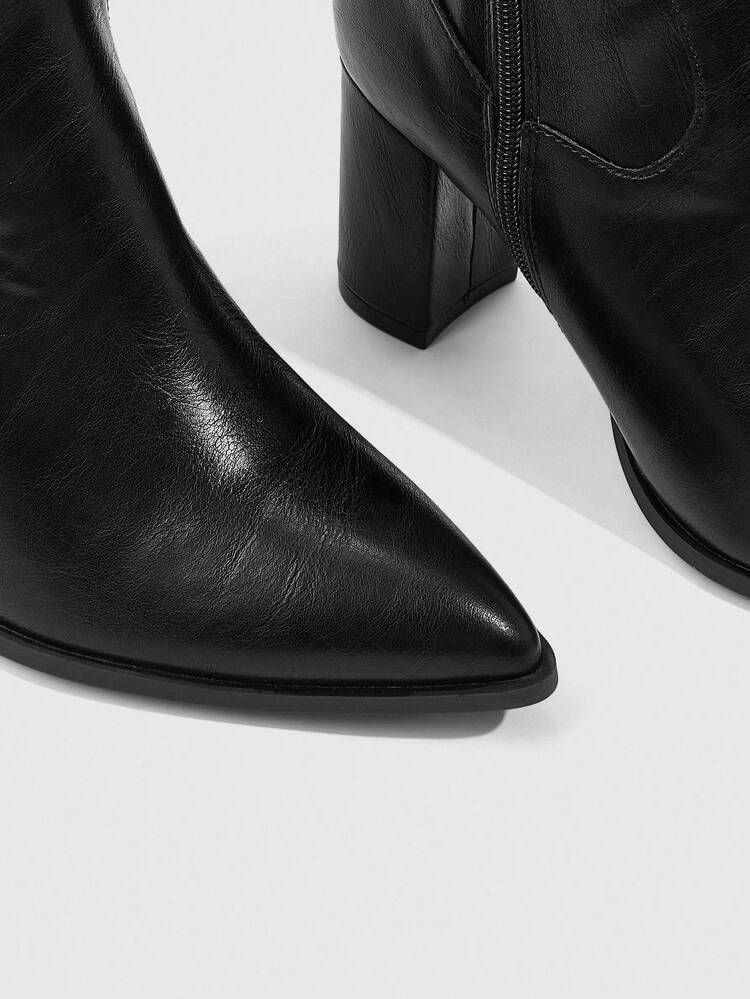 CUCCOO SZL Botas altas de vestir de mujer con bordado negro, estilo británico de caballero, con puntera sexy, hebilla, tacón grueso, ajuste delgado y caña alta sobre la rodilla