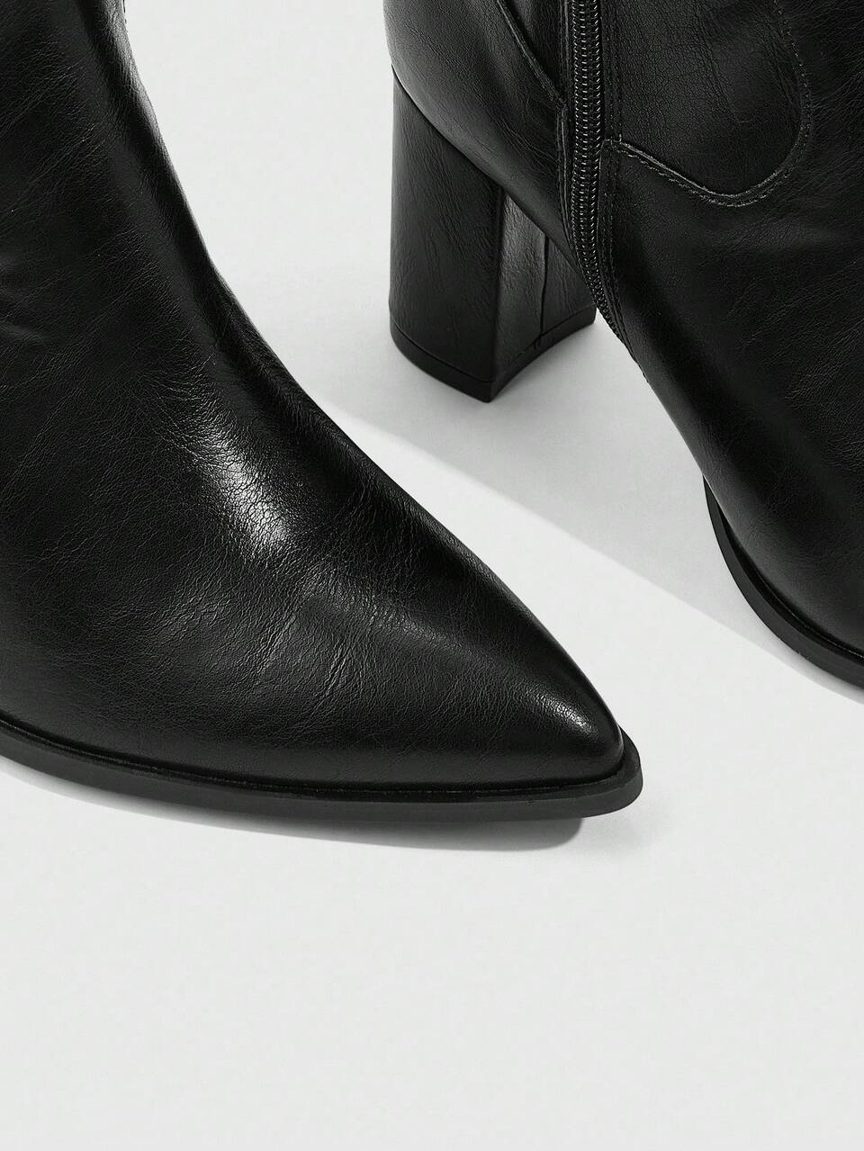 CUCCOO SZL Women's Fashion Black Embroidery British Style Knight Boots, Sexy Pointed Toe Buckle Strap Thick Heel Slim Fit Tall Shaft Over-The-Knee Dress Boots