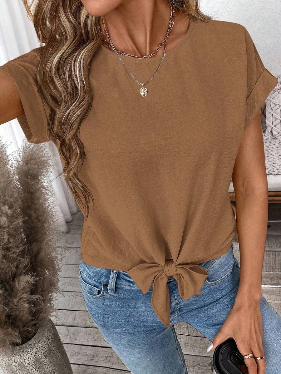 SHEIN LUNE Áo kiểu nữ tay ngắn buộc dây màu trơn, kiểu dáng thường ngày, cơ bản, thích hợp cho mùa xuân/hè, phong cách thường ngày. - màu nâu - Xem 1