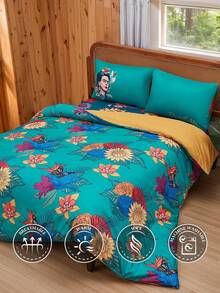 Frida Kahlo X SHEIN 三件套复古印花被套，采用磨毛面料，柔软保暖，多种尺寸可选，适用于单人床/双人床/大号床/特大号床，适合夏季、春季、海滩、度假、花卉主题。 - 墨綠色 - 查看 10