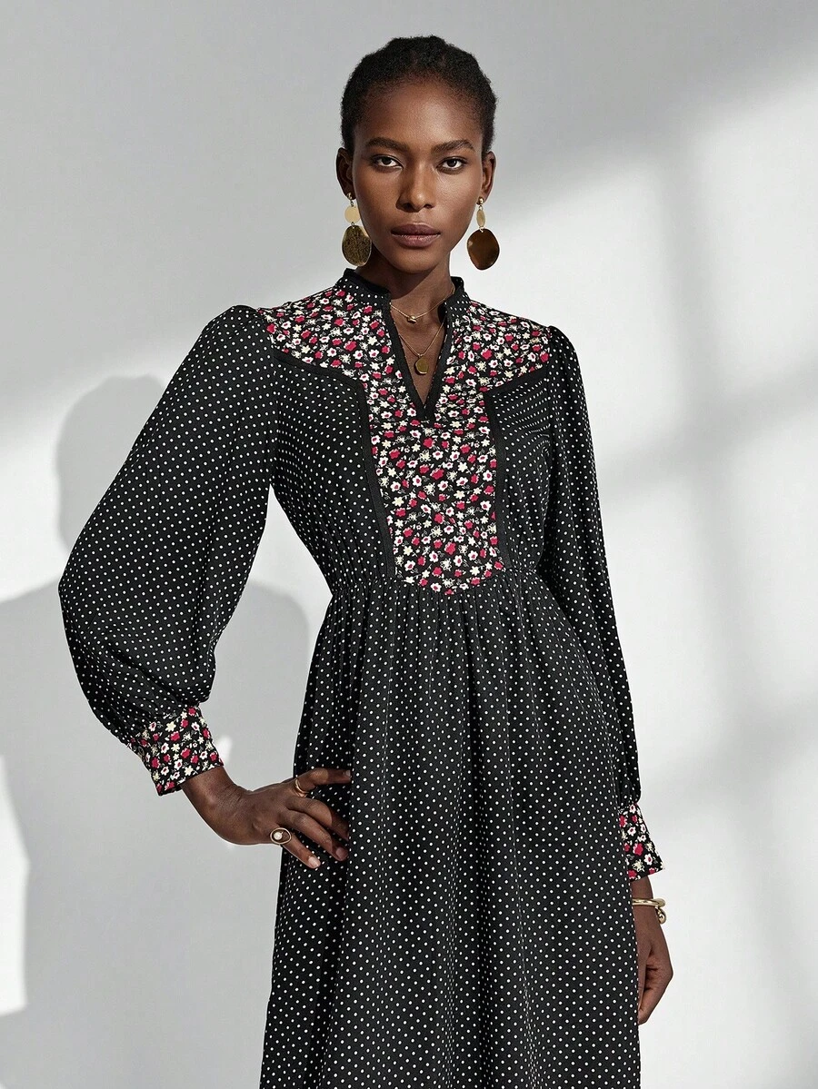 Chiquease Váy dài chấm bi họa tiết hoa thêu thanh lịch dành cho nữ - màu đen - Xem 1