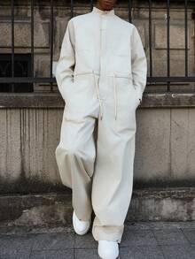 Manfinity EMRG 男士休闲连体裤，带口袋，腰部抽绳，前拉链连体裤，秋季 - 米色 - 查看 1