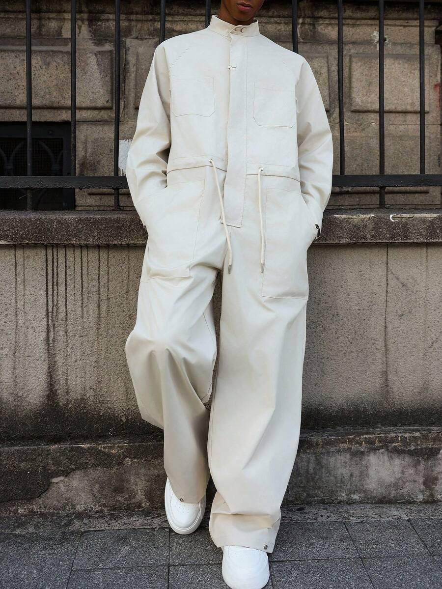 Manfinity EMRG 男士休闲连体裤，带口袋，腰部抽绳，前拉链连体裤，秋季 - 米色 - 查看 1