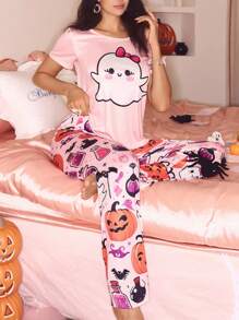 SHEIN INS 可爱南瓜印花万圣节睡衣套装，适合女士，少女甜美 - 彩色 - 查看 1