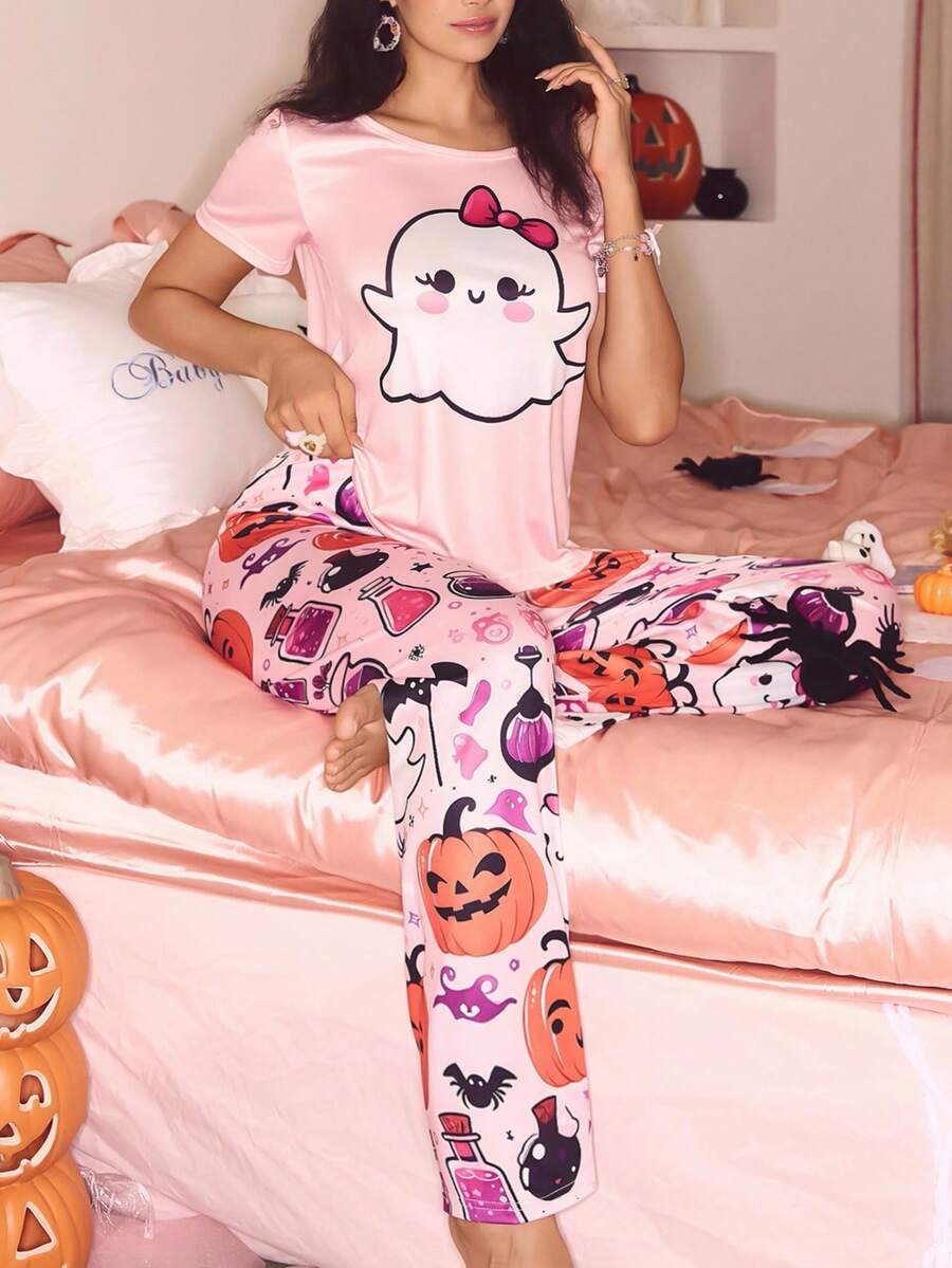 SHEIN INS 可爱南瓜印花万圣节睡衣套装,适合女士,少女甜美 - 彩色 - 查看 1