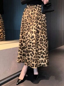 DAZY Gonna a-line casual da donna, stampa leopardata autunnale - Caffè Marrone - Visualizzare 9