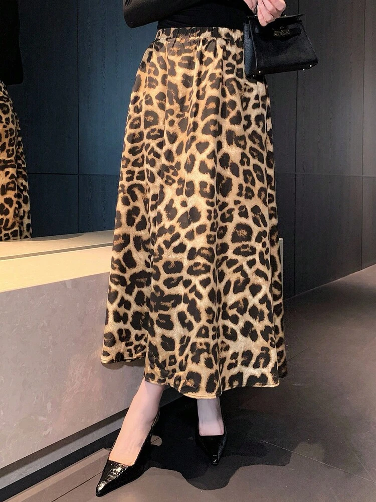 Women's Casual A-Line Skirt, Autumn Leopard Print