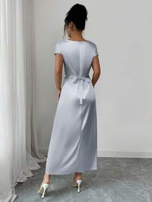 Rafferiza 女士优雅约会/通勤高领系带缎面短袖连衣裙 - 灰色 - 查看 2
