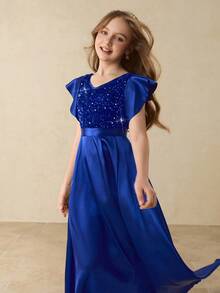 优雅串珠缎面无袖荷叶边女童连衣裙，适合花童、婚礼、舞会、生日派对、圣诞节、万圣节、返校、毕业典礼 - 藍色 - 查看 3