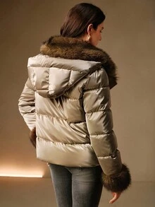 Anewsta Áo khoác lông thú sang trọng cổ ghép lông ôm vừa vặn túi khóa kéo kim loại cho nữ ngắn dày - Rượu sâm banh - Xem 11