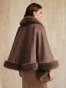 Anewsta Chaqueta capa de mujer con diseño de lentejuelas y parches de piel de zorro de lujo - Marrón - Ver 3