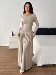 SHEIN PETITE Váy dài tay viền bèo nhún thanh lịch cho mùa xuân và mùa thu - Cà phê - Xem 5