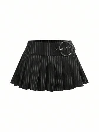 Grunge Punk Striped Pleated Metallic Detail Ultra Short Mini Skirt, School