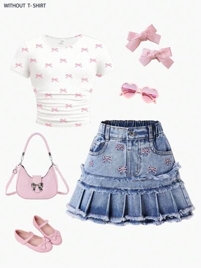 年轻女孩刺绣蝴蝶结牛仔 A 字裙，甜美可爱的休闲时尚，适合上学、旅行、度假。采用舒适的水洗牛仔面料制成，具有分层荷叶边下摆设计和精致的蝴蝶刺绣，迷人的 A 字廓形适合日常穿着和活泼的街头风格！