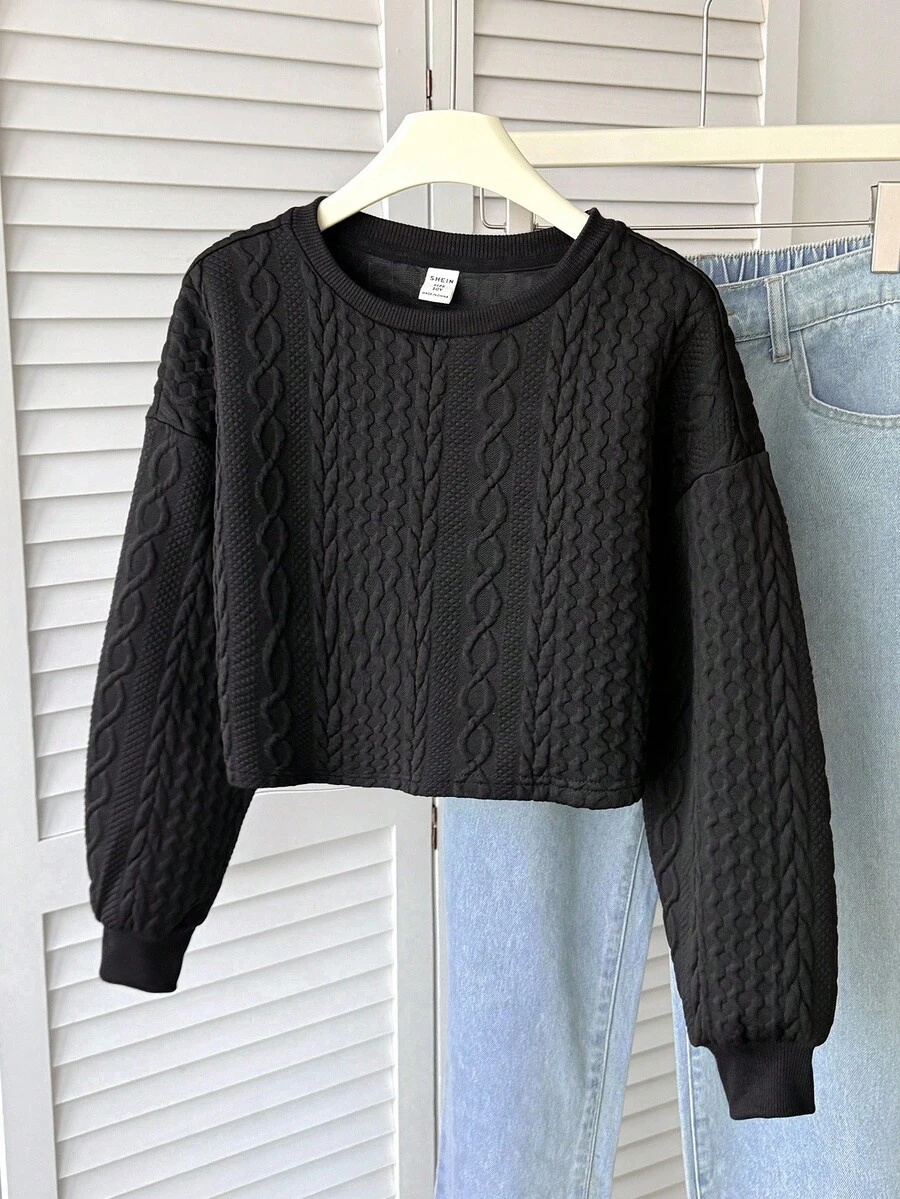 SHEIN Tween Girls' Casual Sports Versatile All-Match Knit Cable Textured Crew Neck Cropped Loose Pullover Sweatshirt,In Fall/Winter - Black - View 1