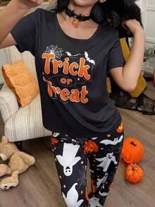 CoupledUp Women's Halloween Pumpkin, Bat, Ghost Cartoon Print Knit Short Sleeve Pajama Set - Black - View 3