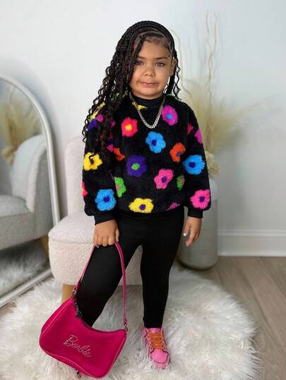2pcs/Set Young Girls Cute Floral Plush Sweatshirt + Black Leggings Casual Daily Outfit Fall Winter