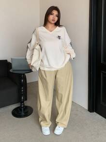 Dazy Plus V-Neck Graphic Print Color Block Ribbon Loose Sporty Casual Plus Size Women Sweatshirt, Spring/Autumn