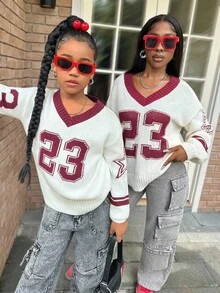 SHEIN 少女休闲舒适数字图案V领宽松针织衫，秋冬毛衣，数字图案毛衣，学院风母女装（两件分开出售），Y2K秋季棒球衫