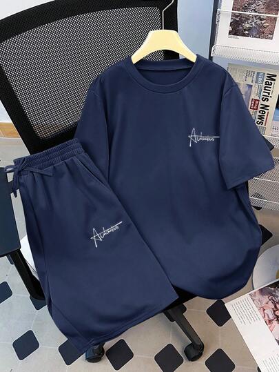 SHEIN 2 st/set tonårspojkar, mångsidig, bekväm, mycket attraktivt stickad t-shirt med bokstavstryck, kortärmad t-shirt och shorts, urban avslappnad stil