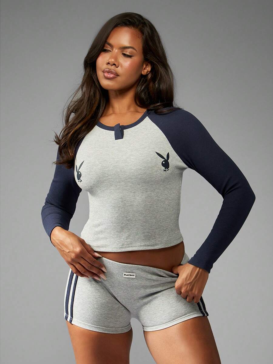 Missguided x Playboy Christmas Ribbed Knit Raglan Sleeve Top With Matching Shorts - Multicolor - View 1