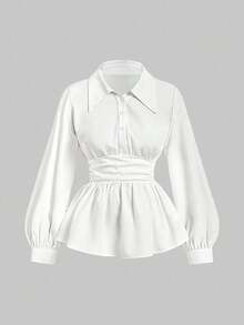 Velvienne Bộ 2 áo cánh và chân váy màu trơn thời trang cỡ lớn dành cho nữ, phong cách thanh lịch cho mùa xuân và mùa thu - Nhiều màu - Xem 3