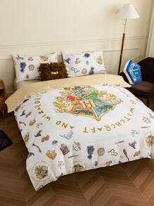 HARRY POTTER X SHEIN 3pcs Badge And Letter Printed Duvet Cover Set,Gifts,Suitable For Single Bed/Double Bed/Queen Bed/King Bed, Dormitory/Home,Back To School - Multicolor - View 2