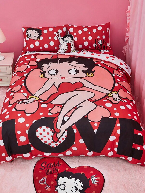Betty Boop x SHEIN 波点爱心图案被套套装，温暖柔软，多种尺寸可选，三件套，礼品之选，派对、节日、情人节适用