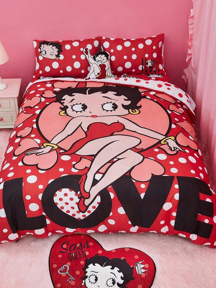 Betty Boop x SHEIN 波点爱心图案被套套装,温暖柔软,多种尺寸可选,三件套,礼品之选,派对、节日、情人节适用 - 彩色 - 查看 1