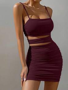SHEIN x Marika Sila Allurite Váy xếp ly gợi cảm màu đỏ nâu, trang phục hẹn hò, váy dự tiệc cưới, trang phục sinh nhật, trang phục đầu thu, trang phục trở lại trường, váy dự tiệc - Gỗ đỏ - Xem 7