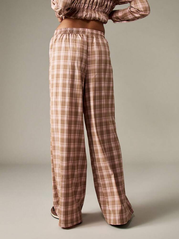 MISSGUIDED Drawstring Plaid Pants Wide Leg Lounge Bottoms Preppy Fall Winter Resort Wear Comfort Casual Pants Elastic Waist